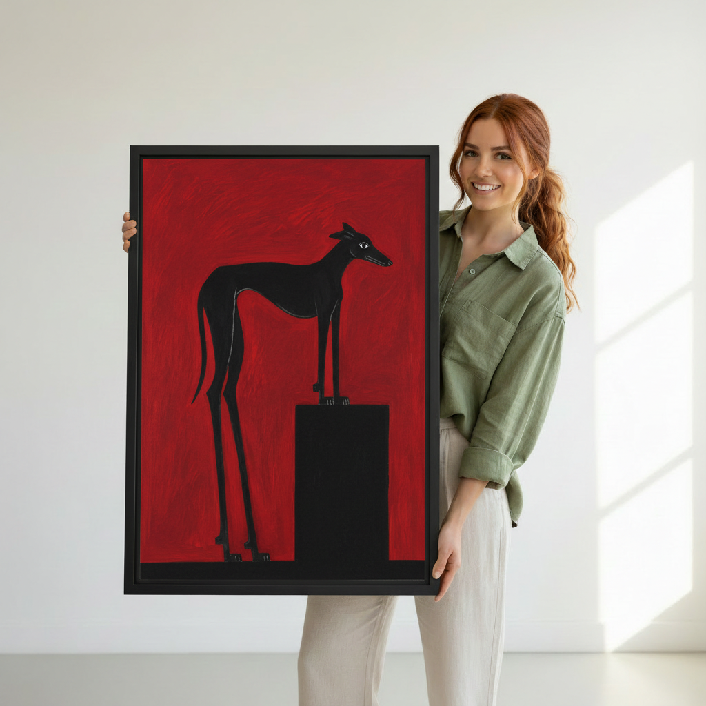 Woman holding oversized black greyhound framed art print, striking red background animal portrait wall decor