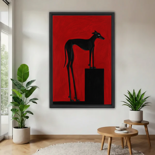 Black greyhound dog standing on black pedestal, bold red background framed wall art for living room decor