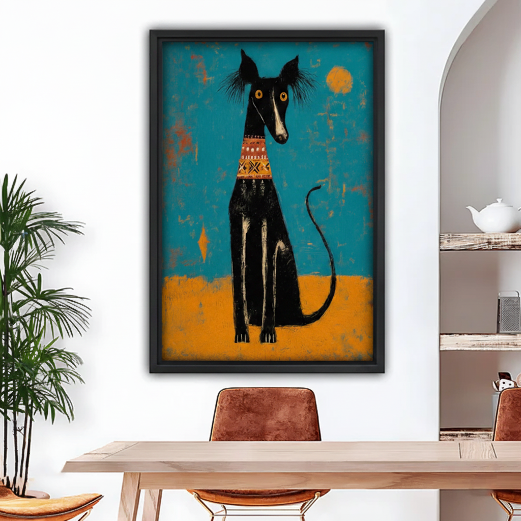 Black framed folk art canvas of a slender black greyhound with striking yellow eyes and a decorative tribal collar sitting upright against a distressed teal and golden amber background with a glowing sun motif, hung above a wooden dining table with leather chairs