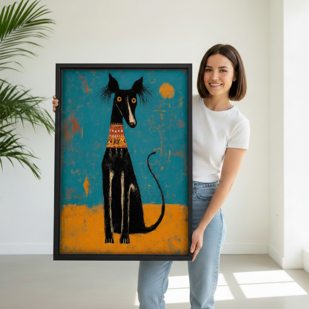 Smiling woman holding a large black-framed canvas art print of a stylized black greyhound with yellow eyes and a colorful tribal patterned collar in a bold folk art painting style on a teal and amber distressed background