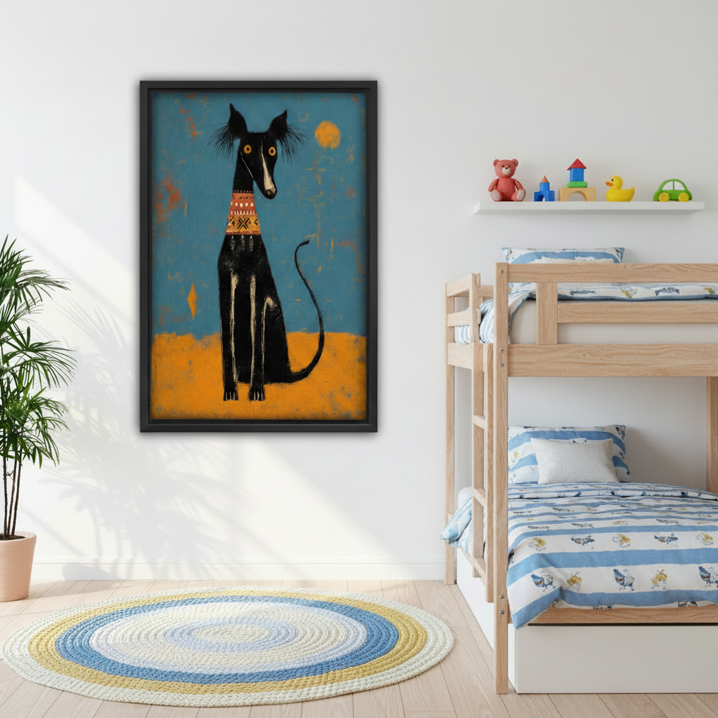 Black framed whimsical folk art black greyhound canvas with tribal collar and yellow eyes hung in a cheerful kids bedroom beside a wooden bunk bed with blue striped bedding, a colorful round rug, and toy shelf with a teddy bear and rubber duck
