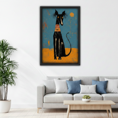 Black framed bold folk art greyhound canvas hung above a light grey linen sofa with blue accent cushions in a bright Scandinavian living room, featuring a tall black dog with yellow eyes and a tribal collar on a vivid teal and golden orange background