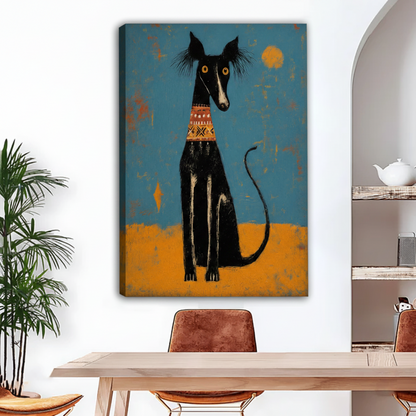 Frameless gallery-wrap canvas of a tall elegant black greyhound with bright yellow eyes wearing a colorful tribal patterned collar, painted in bold folk art style on a distressed teal and amber background, displayed above a light wood dining table with tan leather chairs