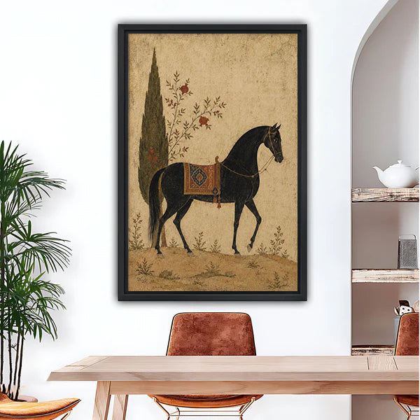 Vintage black horse canvas wall art in a black frame above a dining table
