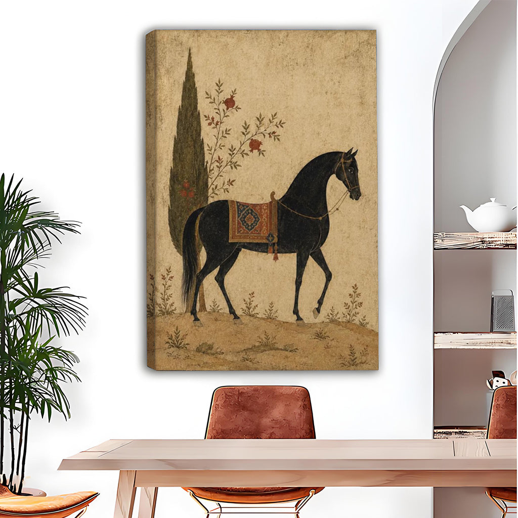 Gallery-wrap black horse canvas wall art above a dining table