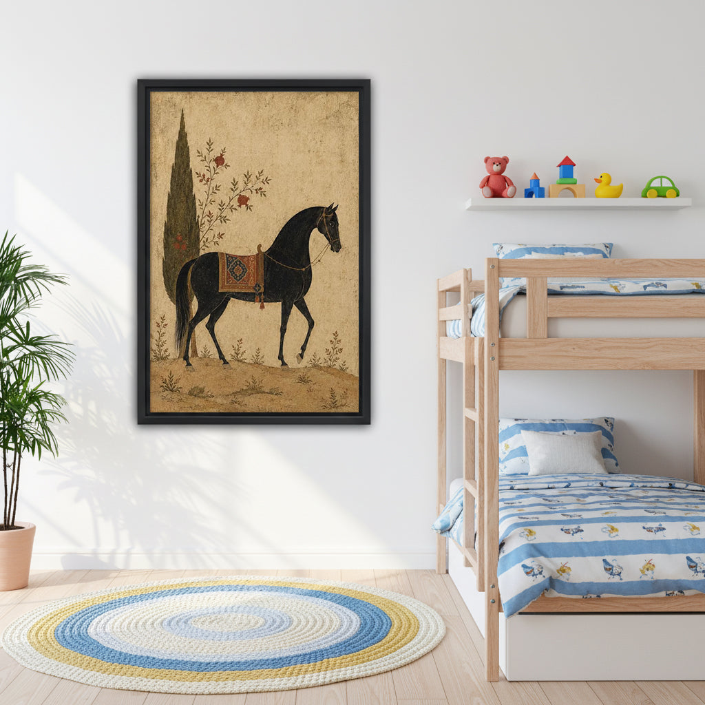 Framed black horse canvas wall art beside bunk beds in a kids’ bedroom