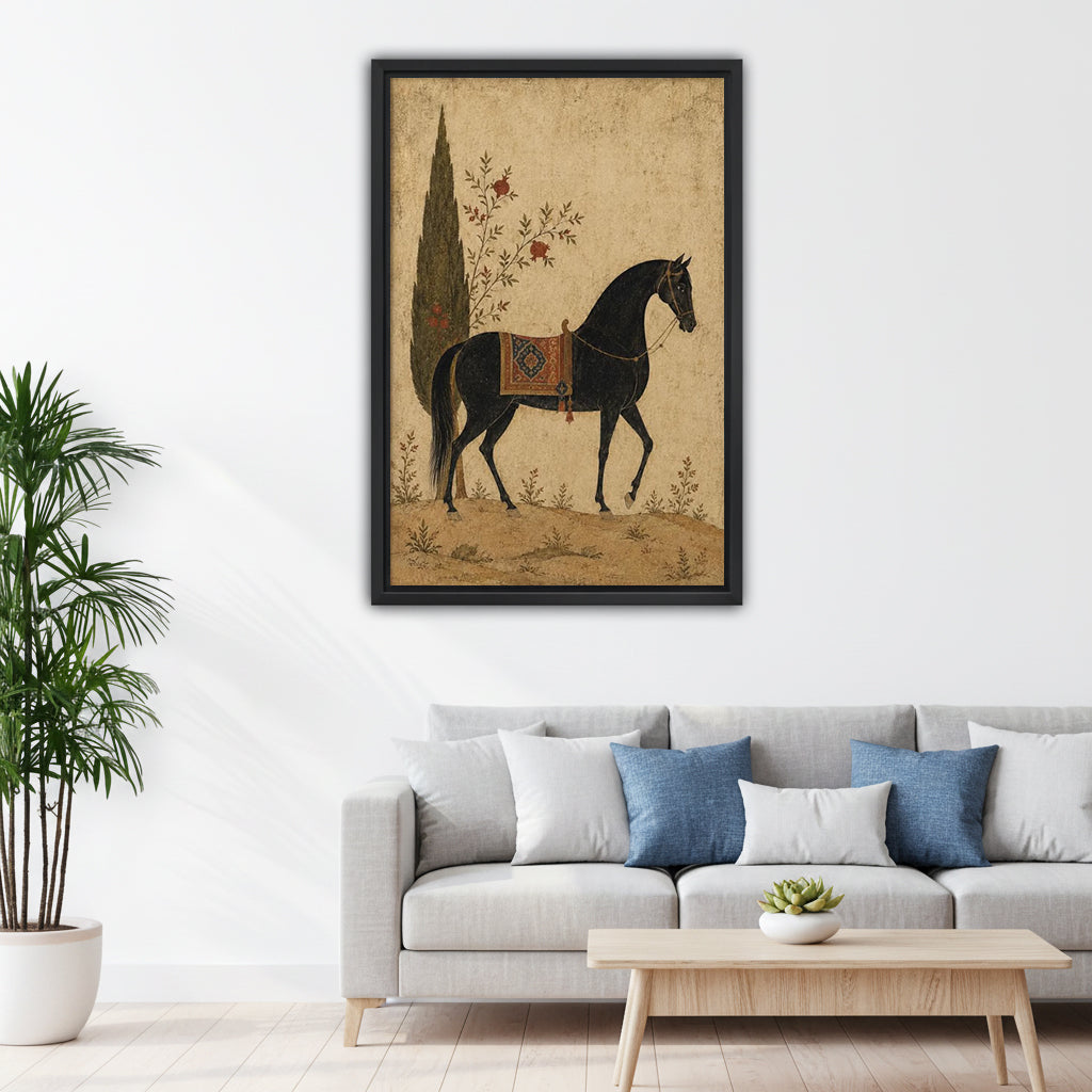 Vintage black horse canvas wall art above a gray living room sofa