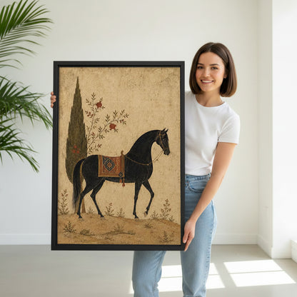 Model holding vintage black horse canvas wall art for size reference