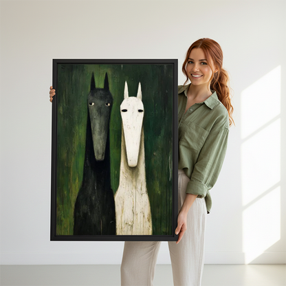 Woman holding large framed horse wall art print showing black and white abstract horse duo on green background, size reference