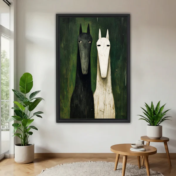 Framed canvas wall art featuring two abstract horses in black and white on dark green background, displayed in modern living room