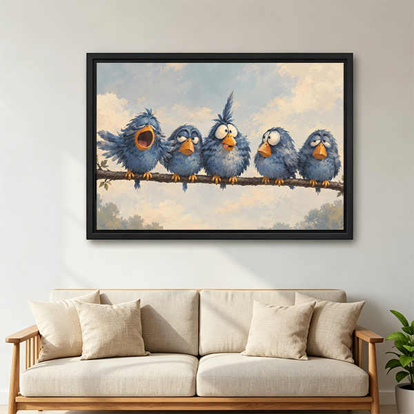Blue bird canvas wall art displayed above a neatly made bed in a calm bedroom.