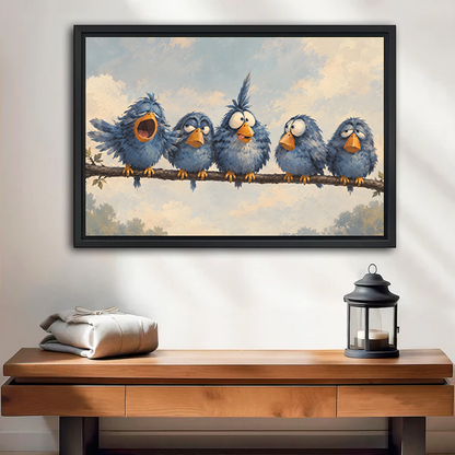 Whimsical blue bird canvas wall art showing five expressive birds perched above a console table.