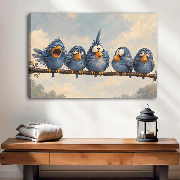 Framed blue bird canvas wall art held by a smiling woman in a bright room.