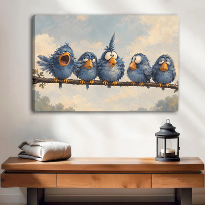 Framed blue bird canvas wall art held by a smiling woman in a bright room.