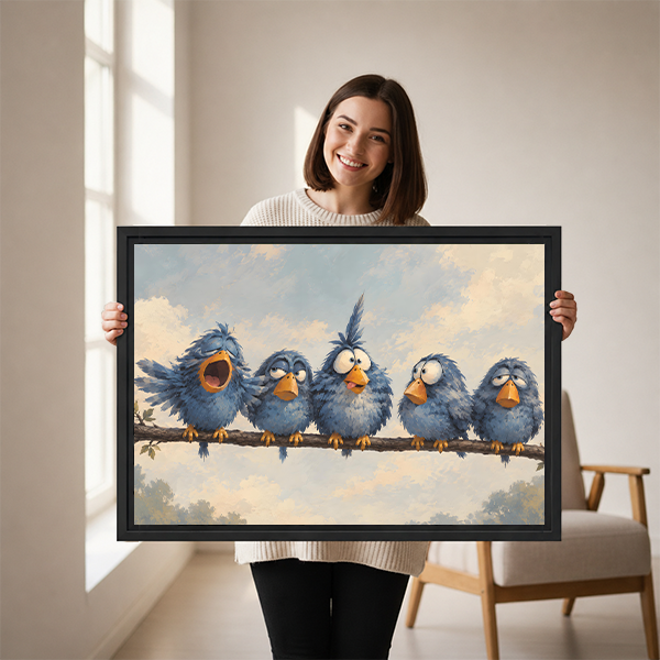 Framed whimsical bird wall art featuring five blue birds above a neutral living room sofa.