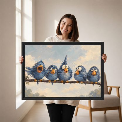 Framed whimsical bird wall art featuring five blue birds above a neutral living room sofa.