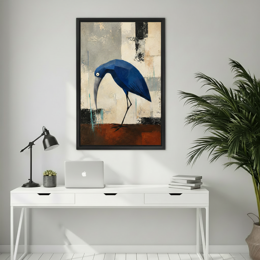 Geometric blue heron abstract canvas print in black frame above navy blue sofa in contemporary living room