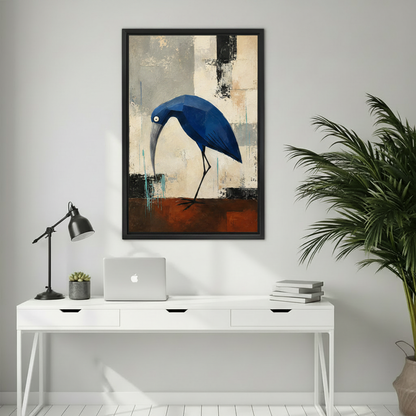 Geometric blue heron abstract canvas print in black frame above navy blue sofa in contemporary living room