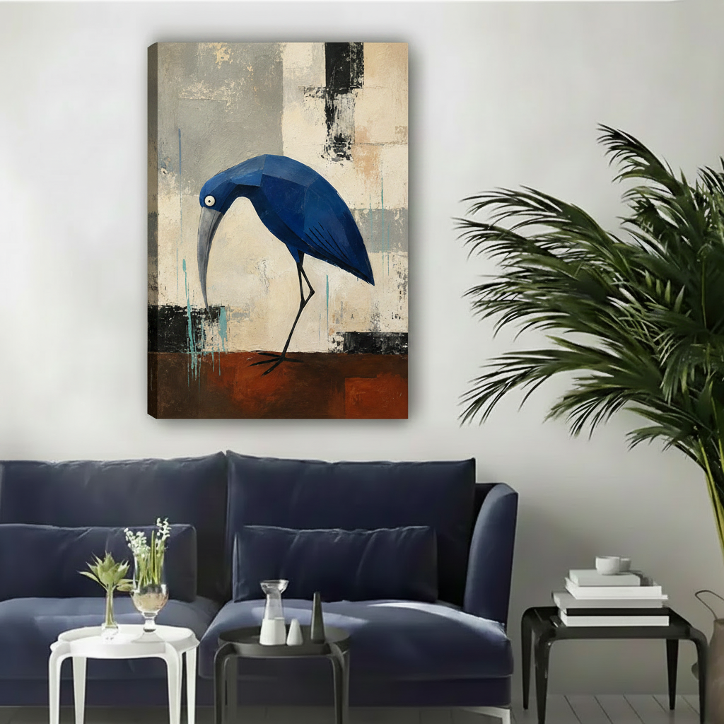 Geometric blue heron contemporary abstract unframed gallery wrap canvas art displayed in bright living space