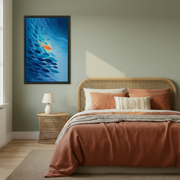 Contemporary blue school of fish canvas wall art in a black frame above a cream living room sofa.