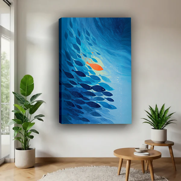 Black-framed blue school of fish canvas wall art with turquoise water and an orange fish between green plants.