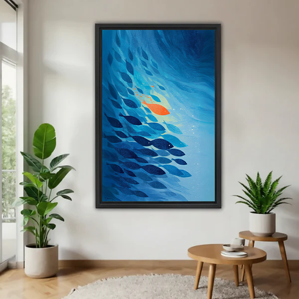 Gallery-wrap blue school of fish canvas wall art with a bright orange fish displayed between potted plants.