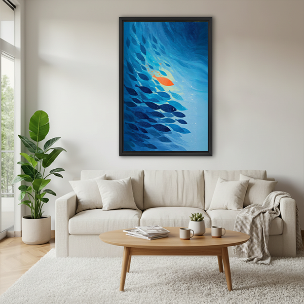 Woman holding black-framed blue school of fish canvas wall art featuring an orange fish in luminous water.