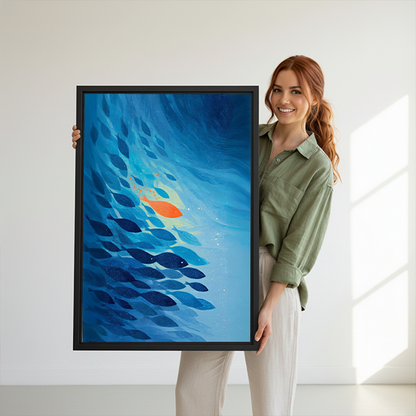Framed blue school of fish canvas wall art on a sage bedroom wall beside a rattan bed.