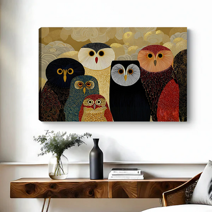 Colorful folk art owl group canvas print displayed on wall without frame above rustic console