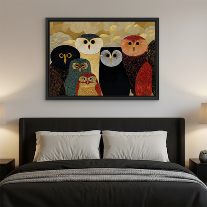 Bohemian colorful owl group framed canvas wall art displayed above dark bed as bedroom wall decor