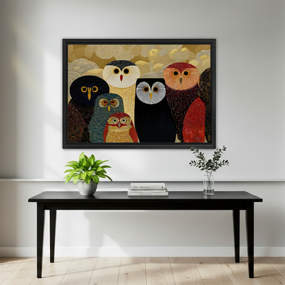 Folk art colorful owls framed canvas art hung above black console table in bright modern entryway