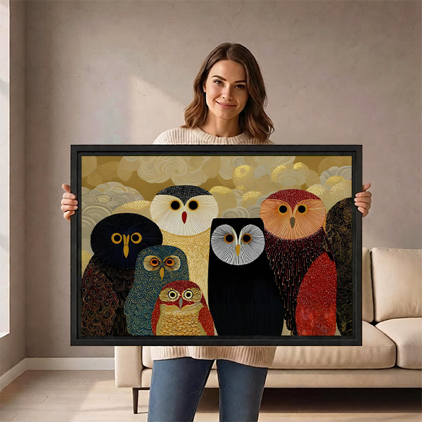 Woman holding bohemian colorful owl group framed canvas wall art showing large size reference