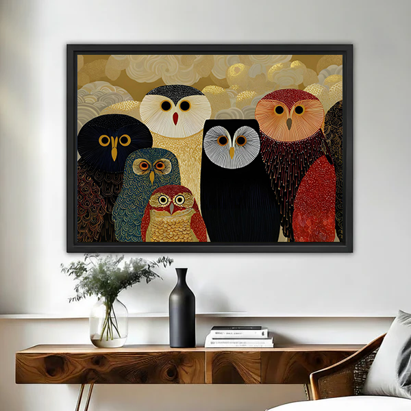 Bohemian colorful owl group framed canvas wall art in black float frame above wooden console table