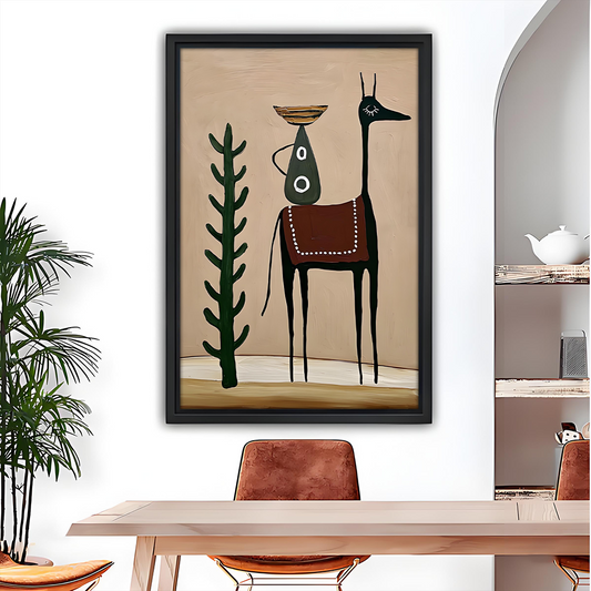 Boho abstract animal canvas wall art in black float frame displayed above dining table with earthy sand tones and botanical motif
