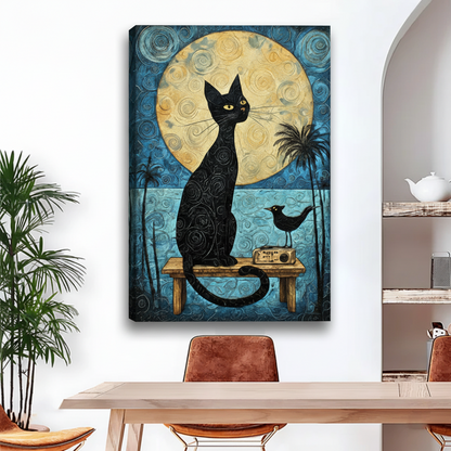 Boho black cat moon canvas wall art, unframed gallery wrap above wood dining table, swirling blue night sky with golden full moon and palm trees