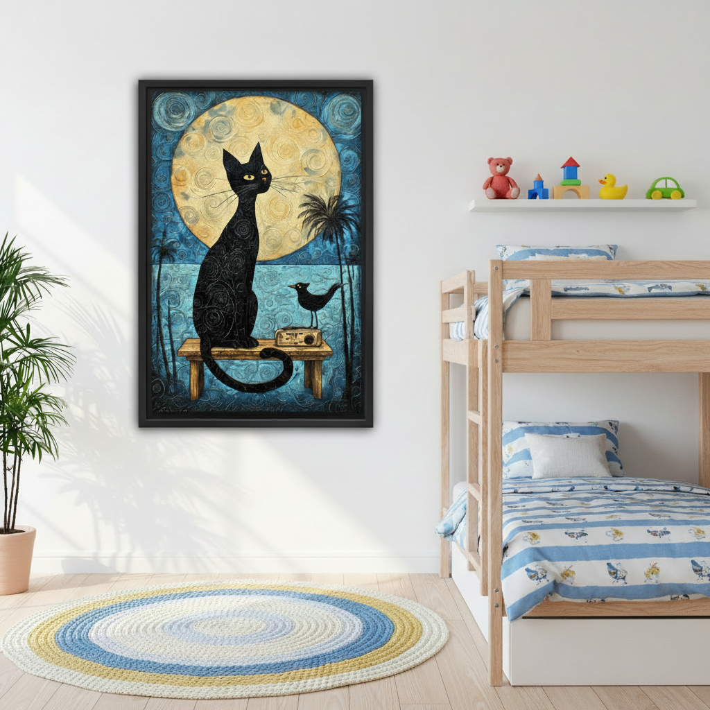 Framed boho black cat moon canvas wall art in black float frame beside bunk bed with blue striped bedding, mystical swirl night sky cat print in children's bedroom