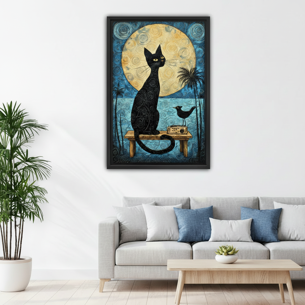 Boho black cat moon framed canvas wall art in black float frame above gray sofa with blue pillows, celestial palm tree print in Scandinavian-style living room