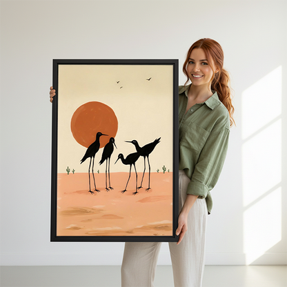 Smiling woman holding boho desert birds sunset framed canvas wall art with orange sun and bird silhouettes on white studio background