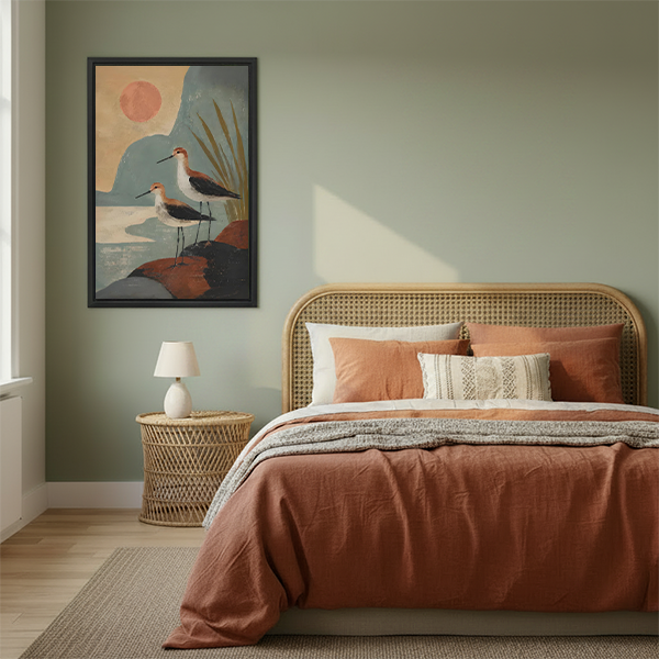 Boho shorebirds sunset canvas wall art framed above a rattan bedroom nightstand