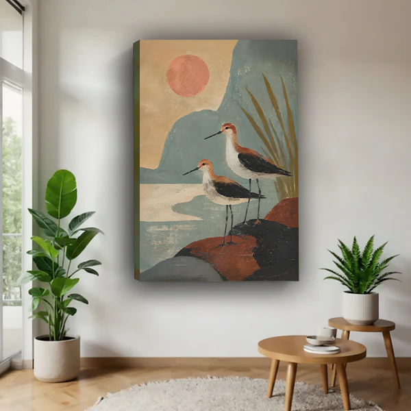 Boho shorebirds sunset canvas wall art on a frameless gallery-wrapped canvas