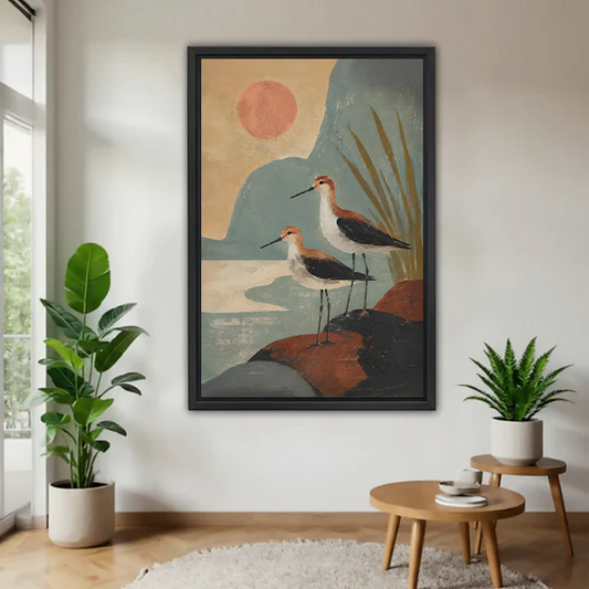 Boho shorebirds sunset canvas wall art framed in a bright modern living room