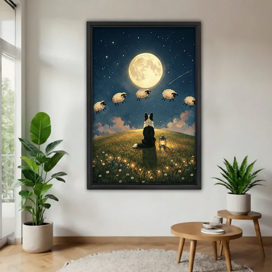 Dreamy border collie moon night canvas wall art in black frame with two green plants