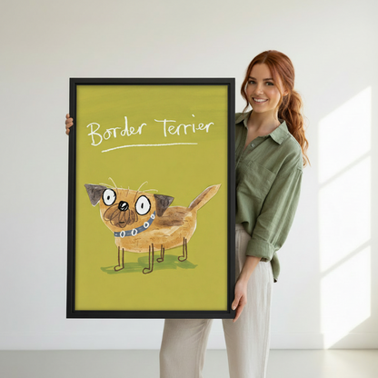 Smiling woman holding large Border Terrier quirky dog portrait framed canvas print against white wall with natural light