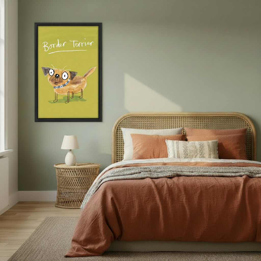Border Terrier whimsical dog portrait framed canvas wall art hanging in sage green boho bedroom with rattan bed