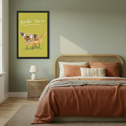 Border Terrier whimsical dog portrait framed canvas wall art hanging in sage green boho bedroom with rattan bed