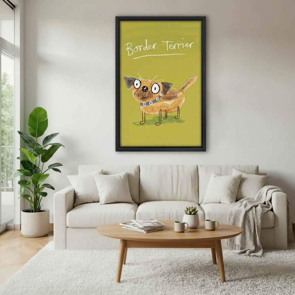 Whimsical Border Terrier framed dog art print above cream sofa in modern Scandinavian living room with wood coffee table