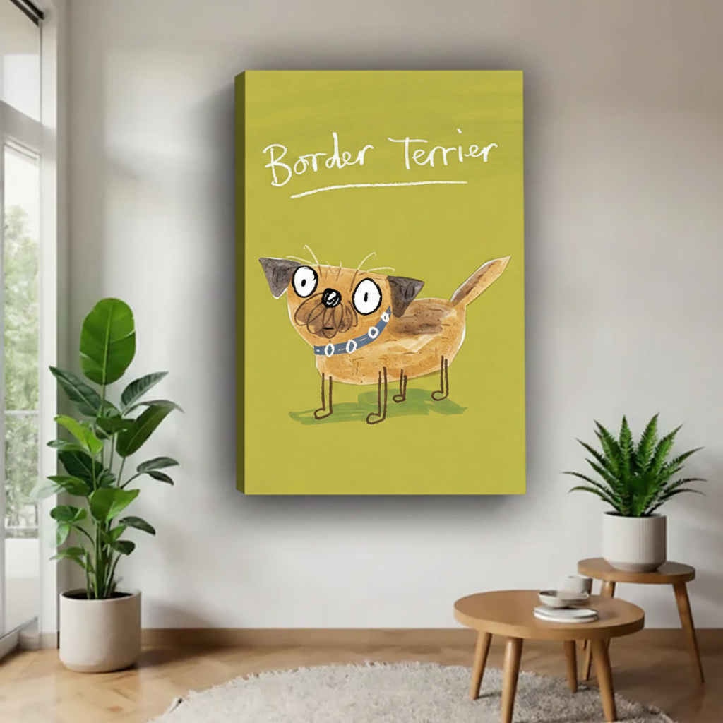 Border Terrier funny dog canvas wrap wall art with olive green background hung beside monstera and fern plants