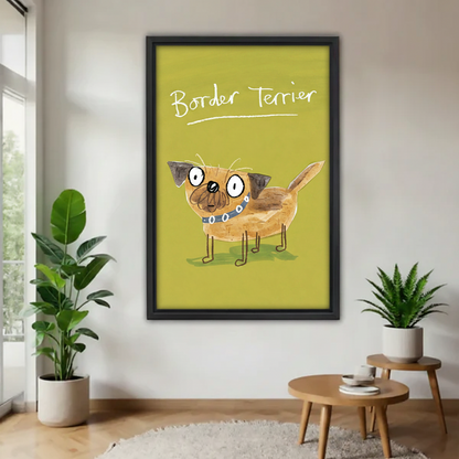 Quirky Border Terrier dog illustration framed wall art print displayed in bright minimalist room with tropical plants