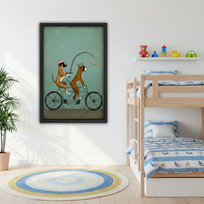 Whimsical boxer dogs tandem bicycle canvas print in cozy bedroom, teal background funny animal wall decor