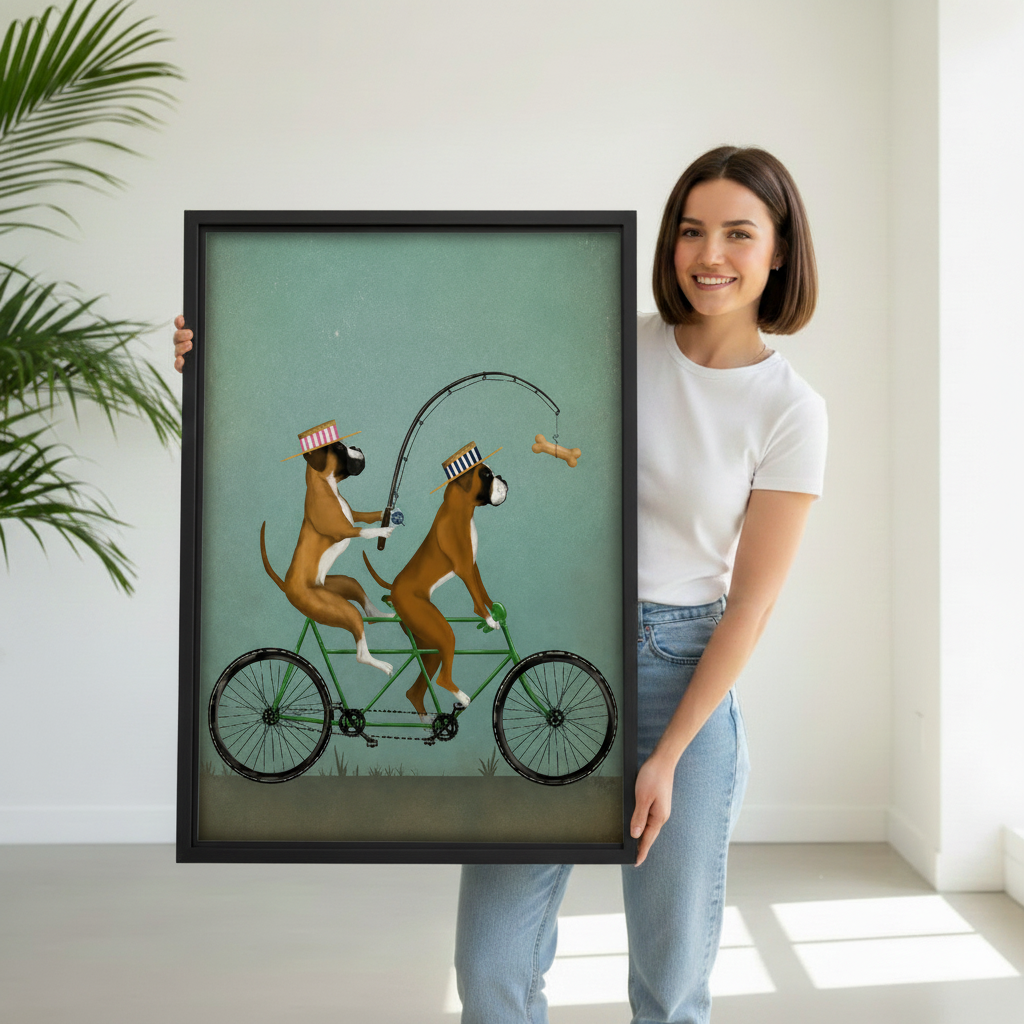 Woman holding large black framed boxer dogs tandem bicycle whimsical canvas print, dog lover gift